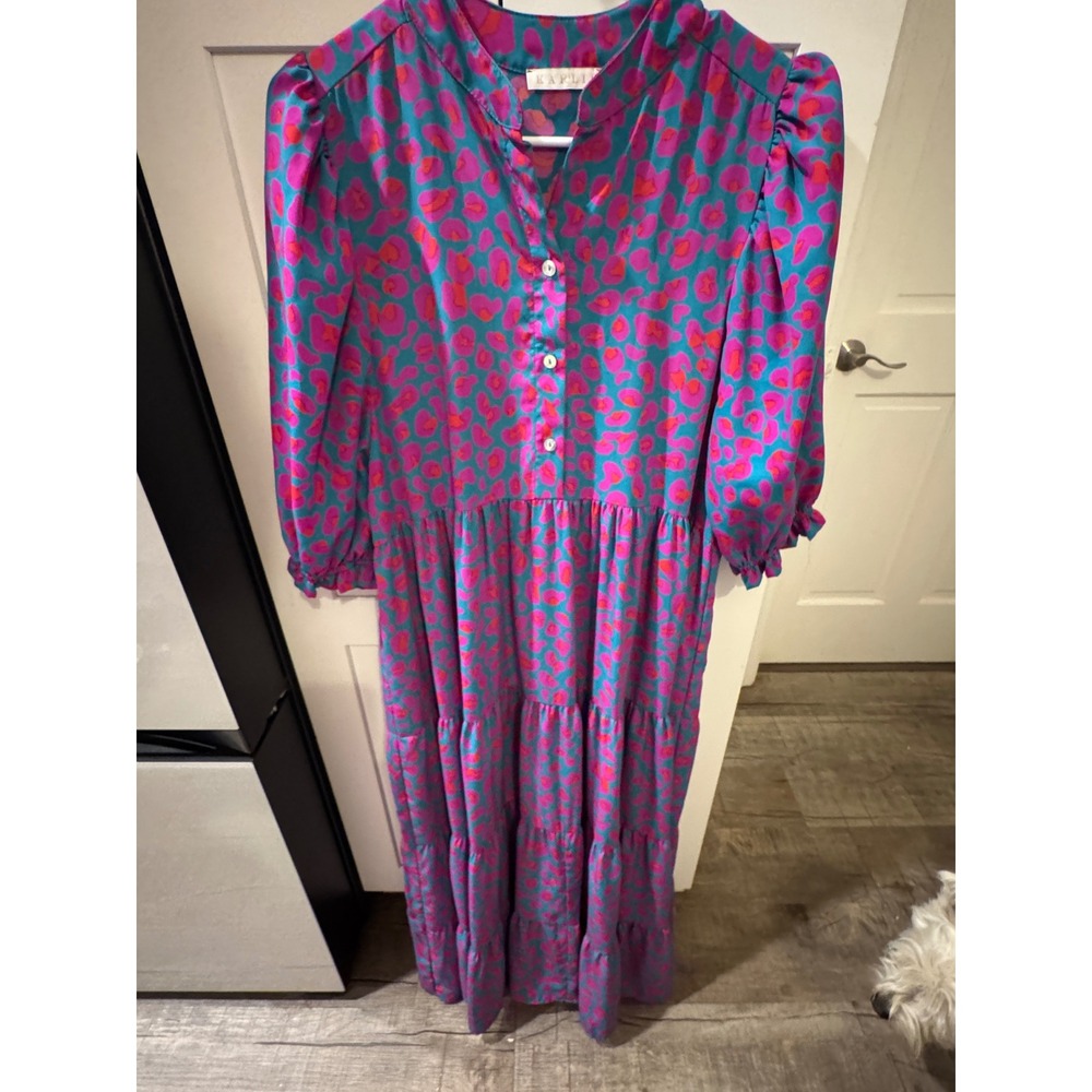 Karli Teal Pink Leopard Print Tiered Maxi Dress Small Made in USA‎